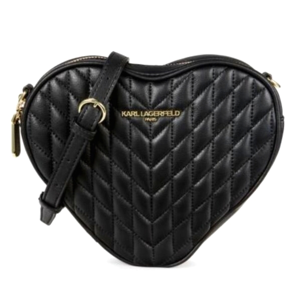 Karl Lagerfeld Paris Quilted Heart Kosette Leather Crossbody Bag Black - Picture 1 of 17